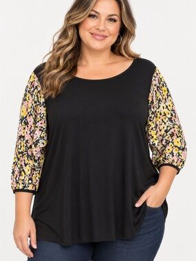 Kim & Cami Black Floral Pleated Sleeve Tunic Top Women’s Large
